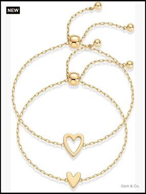 Heart Charms Solitaire Bracelet Set - 2 Pack Adjustable